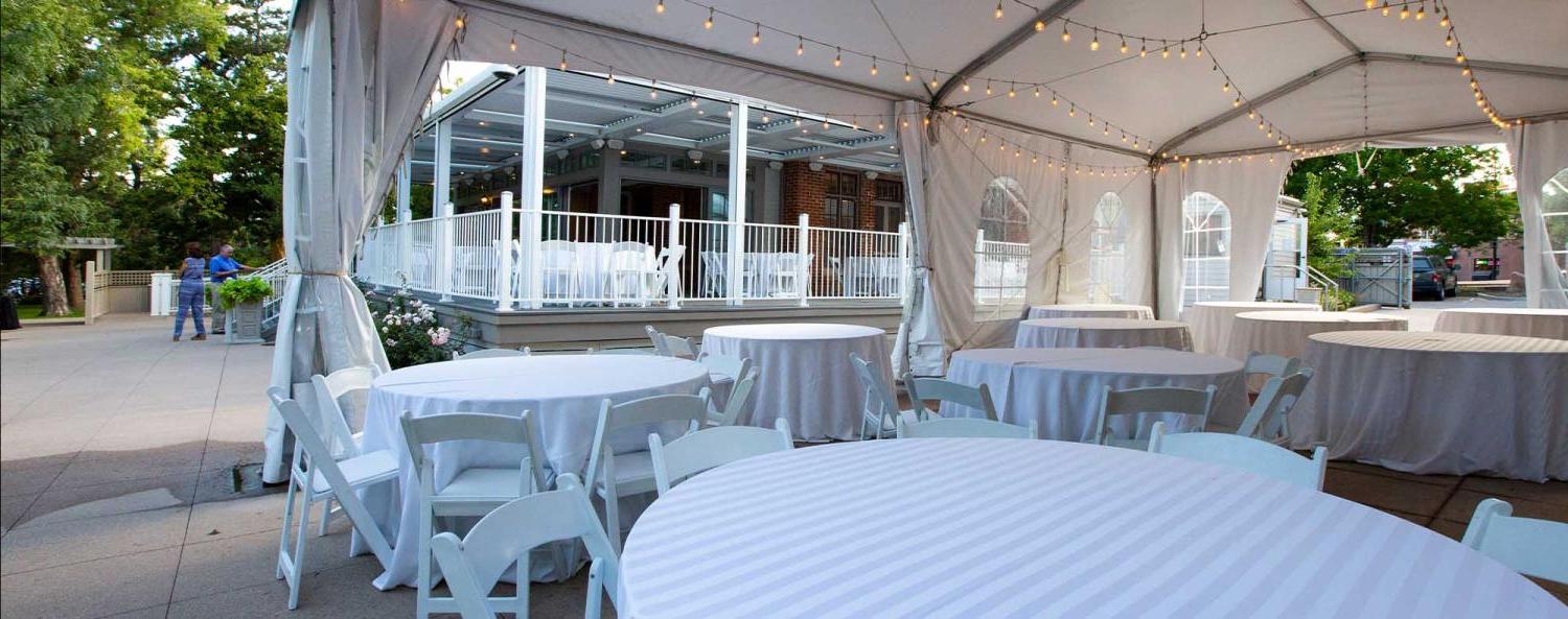 The outdoor venue and green space around the Koenig Alumni Center set up with 