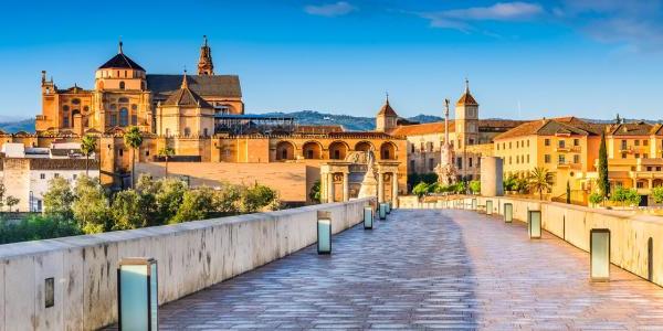 Cordoba, Spain, Andalusia. 瓜达尔基维尔河上的罗马桥和大清真寺(梅兹基塔大教堂)