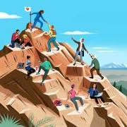 Illustration of people climbing a mountain and helping each other