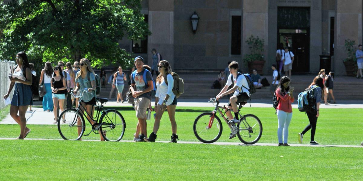 Norlin Library, students walking, biking