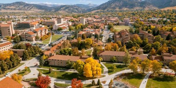 aerial view of CU Boulder in fall