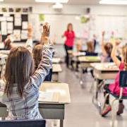 Children, seen from behind, sit at desks and raise their hands in a classroom