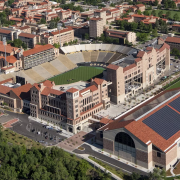 an aerial view of CU Boulder's Folsom Stadium, the Champions Center and Indoor Practice Facilities